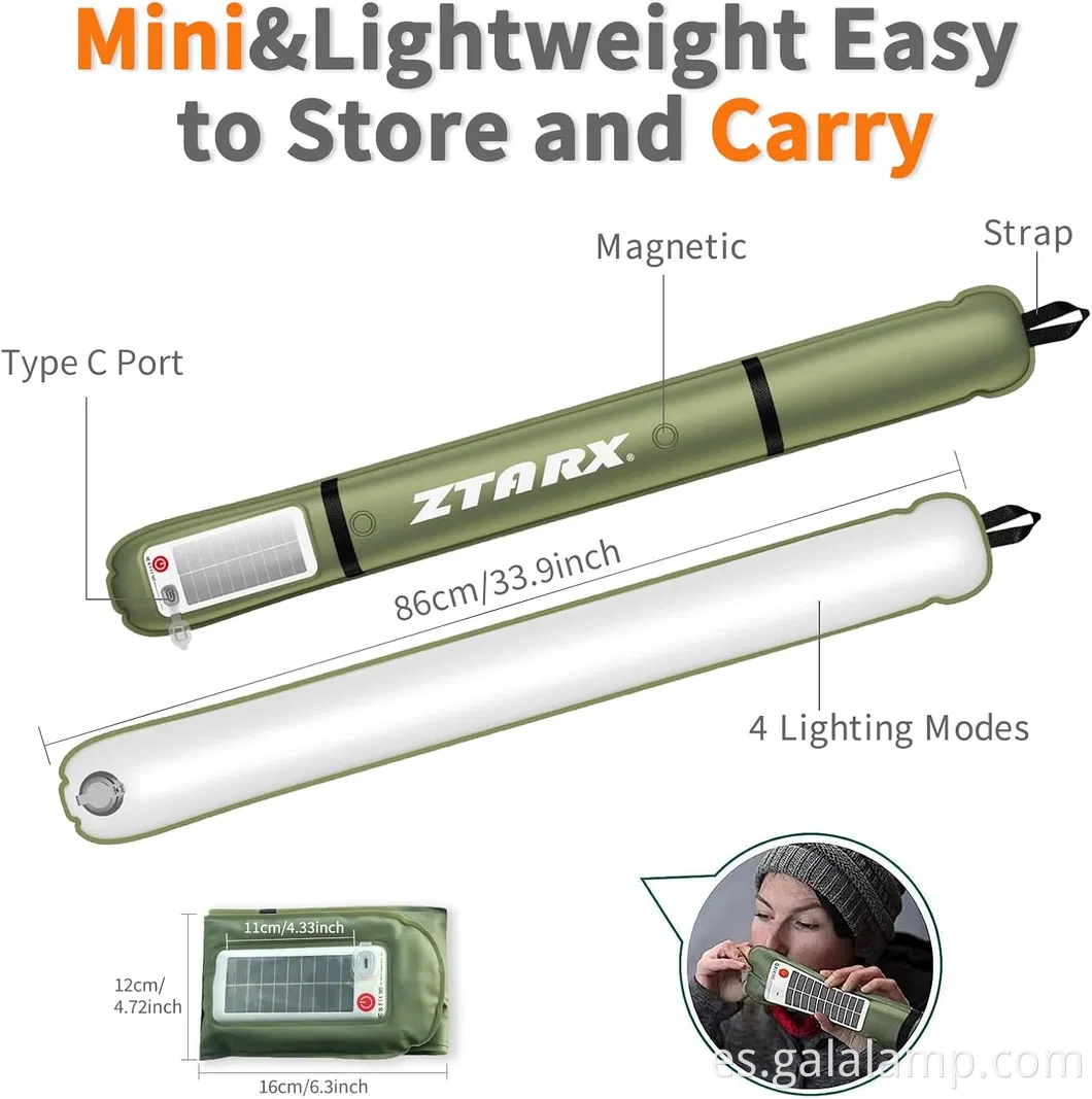 Linterna de campamento solar inflable, recargable USB, 4 modos de iluminación, IP66 impermeable, luz portátil y ligera de carpa